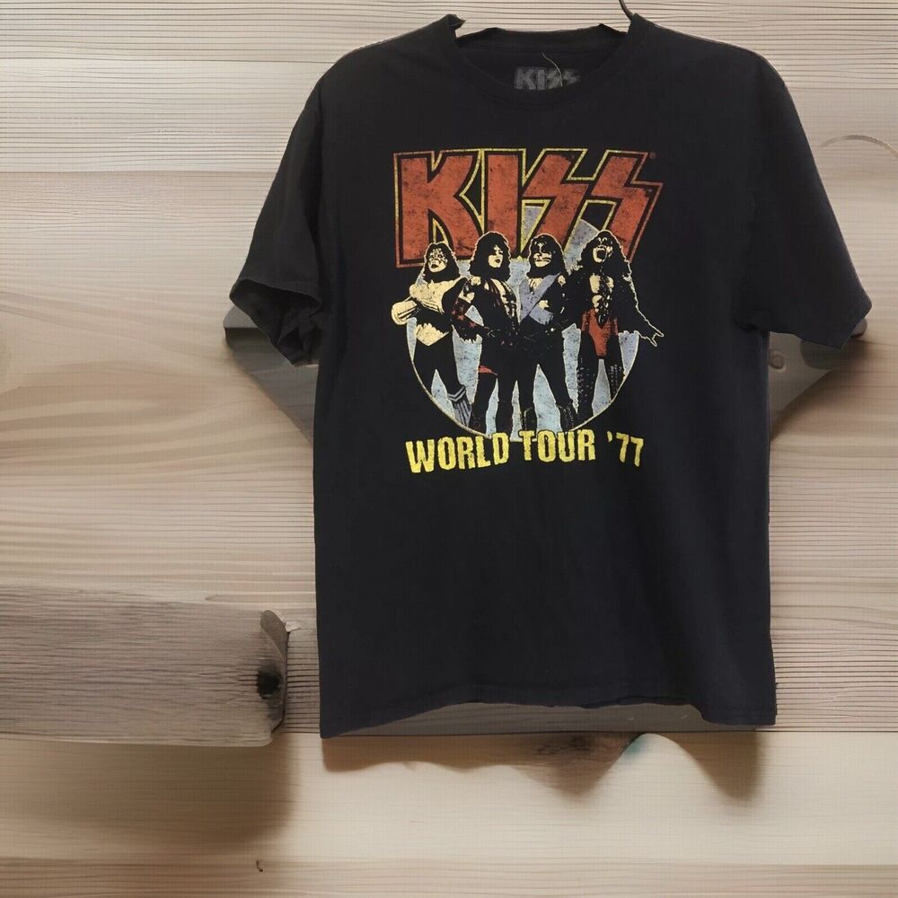 KISS World Tour '77 Black Graphic Medium T-Shirt Classic Rock Band Music Tee